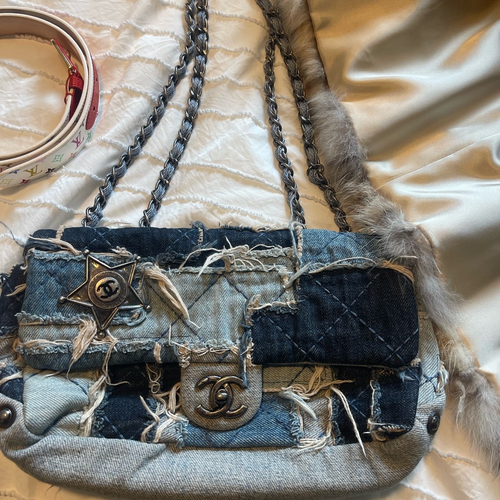 CHANEL Blue Patchwork Denim Shoulder Bag